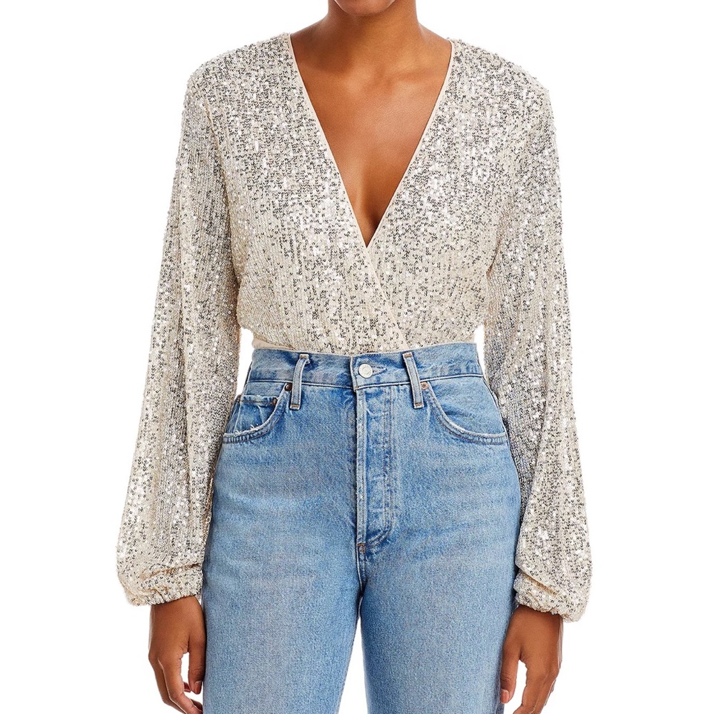 Long sleeve sequin balloon crop party top NWT